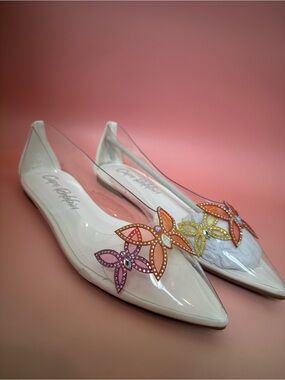 Cape Robbin White Pointed Flats with Pink Orange Yellow Floral Gems